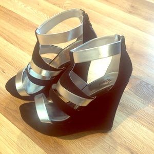 FIONI Black Suede-Like, Silver Wedge Hi-Heel